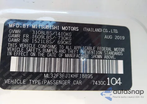 2019 Mitsubishi Mirage G4 Es/Rf из США, поврежденный, VIN ML32F3FJ1KHF18895